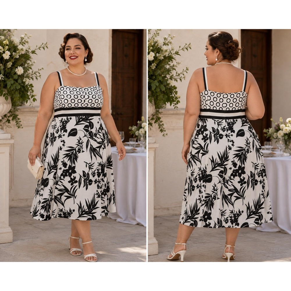 Retro Glam Whimsigoth Wedding Party Black White Polka Dots Floral 20 Midi Dress